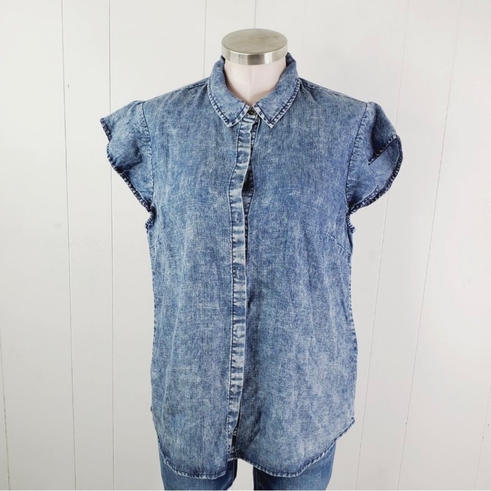 Michael Stars Women’s Flutter Sleeve Back Cutout Distressed Wash Denim Top - XS
